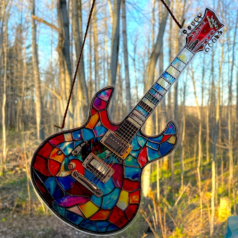 Acrylic Suncatcher Bass Guitar Musical Instrument Faux Stained Glass Decoration